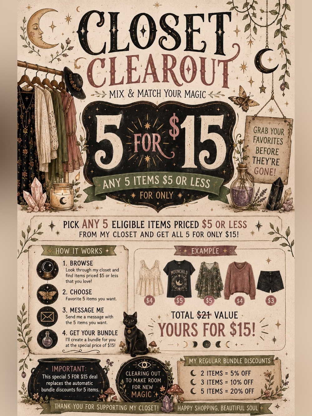 Closet Clearout 5-for-$15 Promotional Poster - On V*inted ONLY! (Same username)